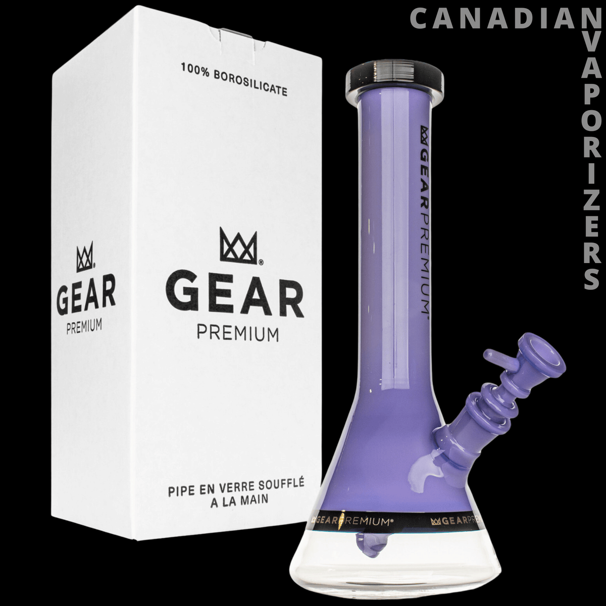 Gear Premium 12" Tuxedo Beaker Base Water Pipe (Limited Edition) - Purple 12-inch Gear Premium glass beaker water pipe with a flared base and angled downstem beside branded packaging.