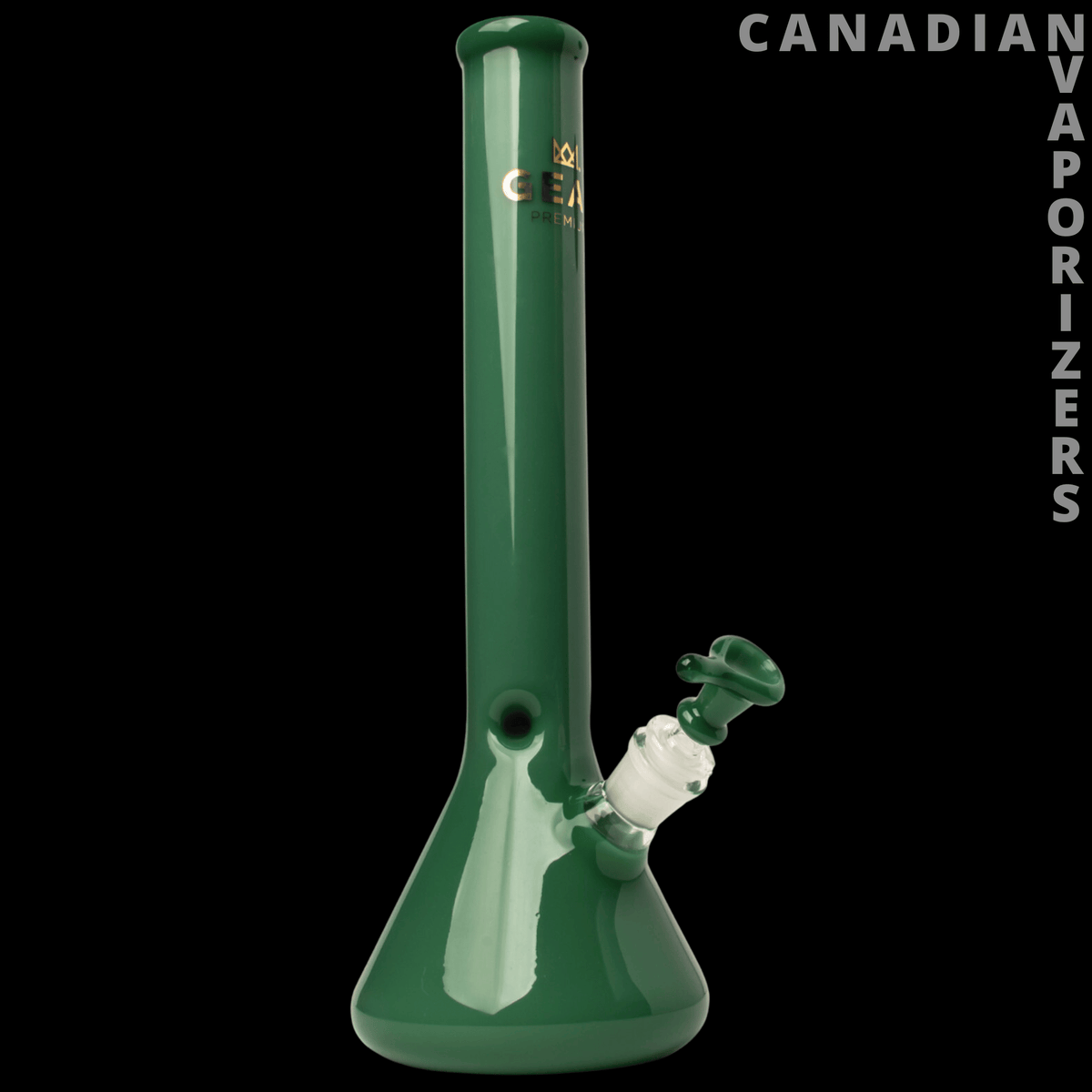 Gear Premium 14" Beaker Tube - Dark green glass beaker tube with a flared base, side joint, and matching green mouthpiece.