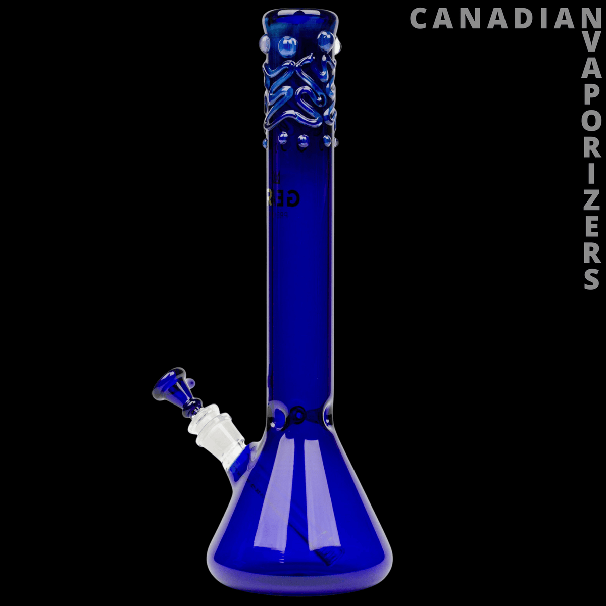 Gear Premium 14" Beaker Tube - Blue glass beaker tube with a tall patterned neck, angled side joint, and flared base.