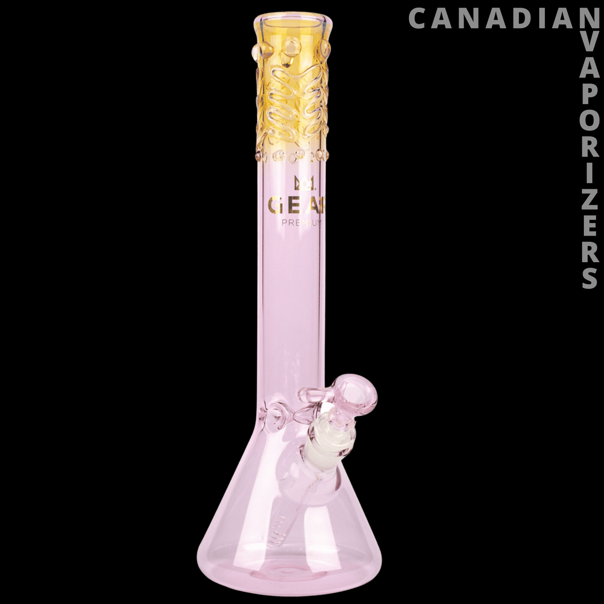 Gear Premium 14" Beaker Tube - 14-inch pink glass beaker tube with amber honeycomb-patterned neck and round base.