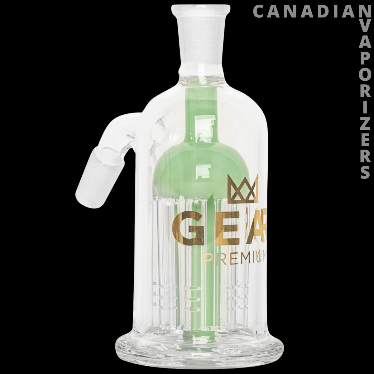Gear Premium 14mm 45 Degree Ash Catcher W/8-Arm Tree Perc - Clear glass 45-degree ash catcher with a green 8-arm tree percolator and gold Gear Premium logo.