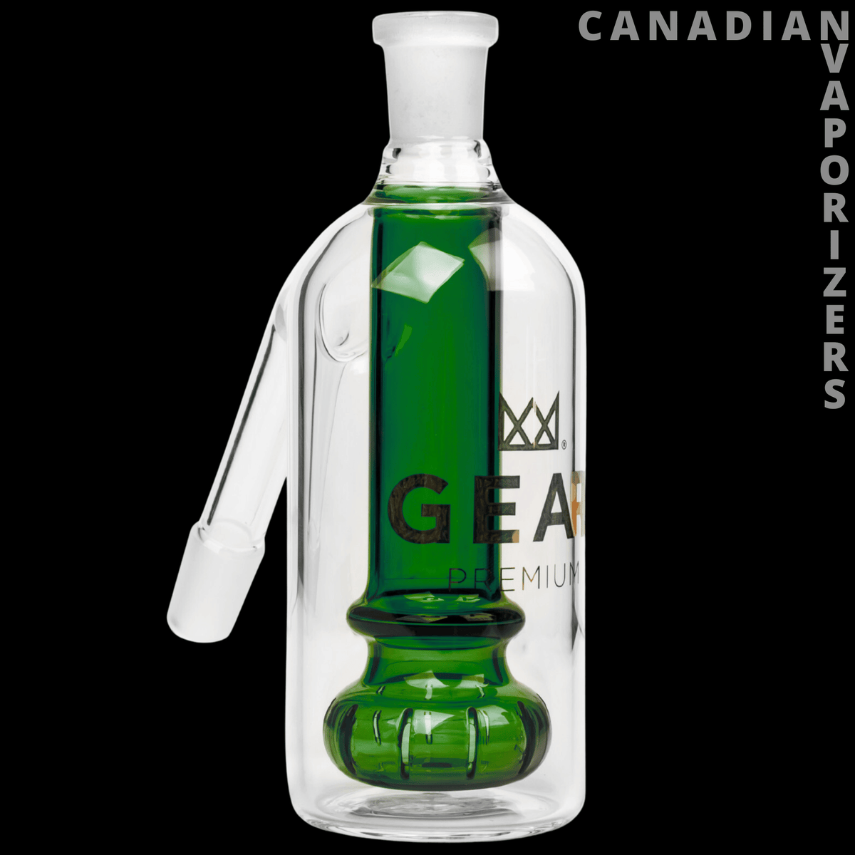 Gear Premium 14mm Ash Catcher - Clear glass 14mm ash catcher with a green inner chamber, angled joint, and Gear Premium branding.