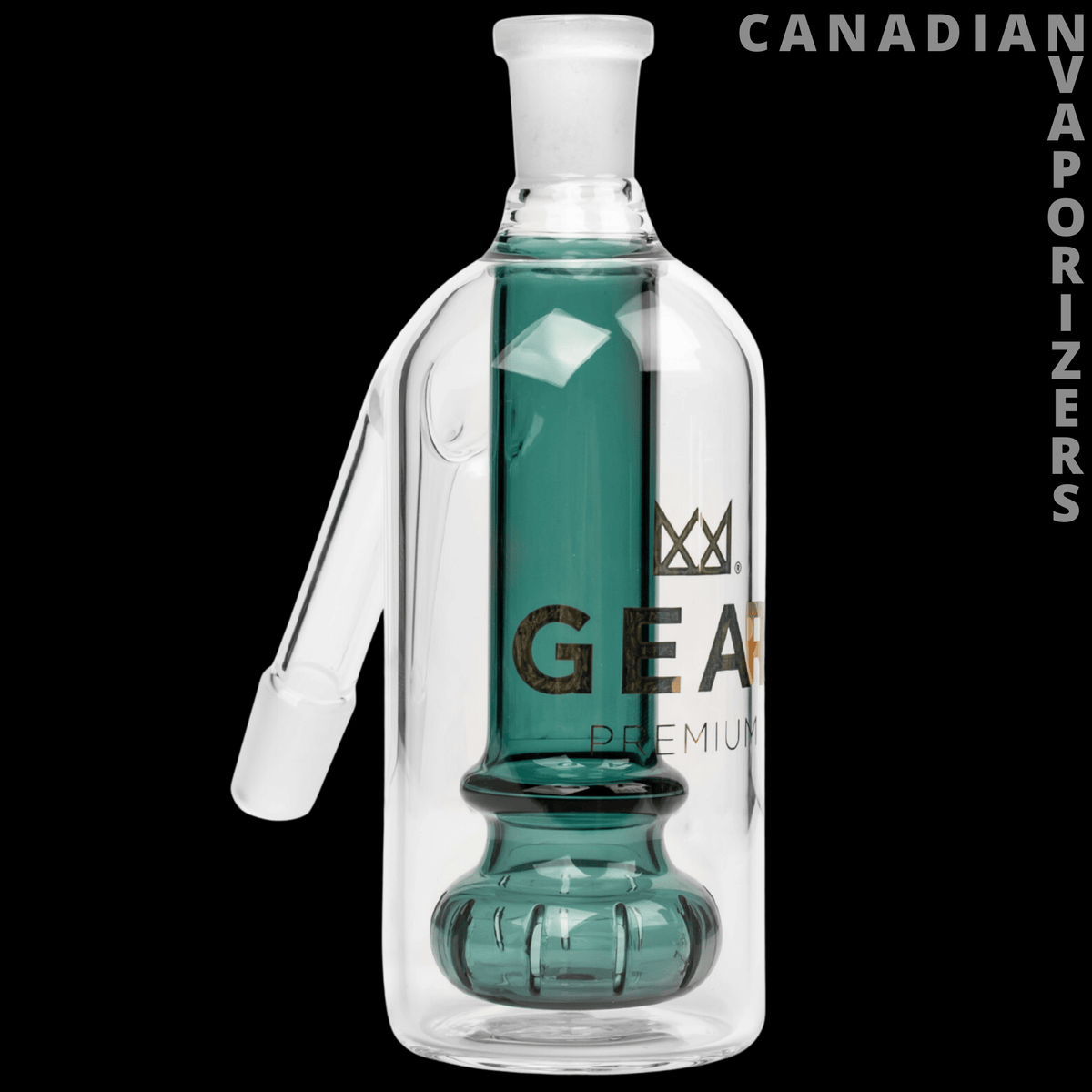 Gear Premium 14mm Ash Catcher - Clear glass 14mm ash catcher with a teal inner chamber, angled joint, and Gear Premium logo.