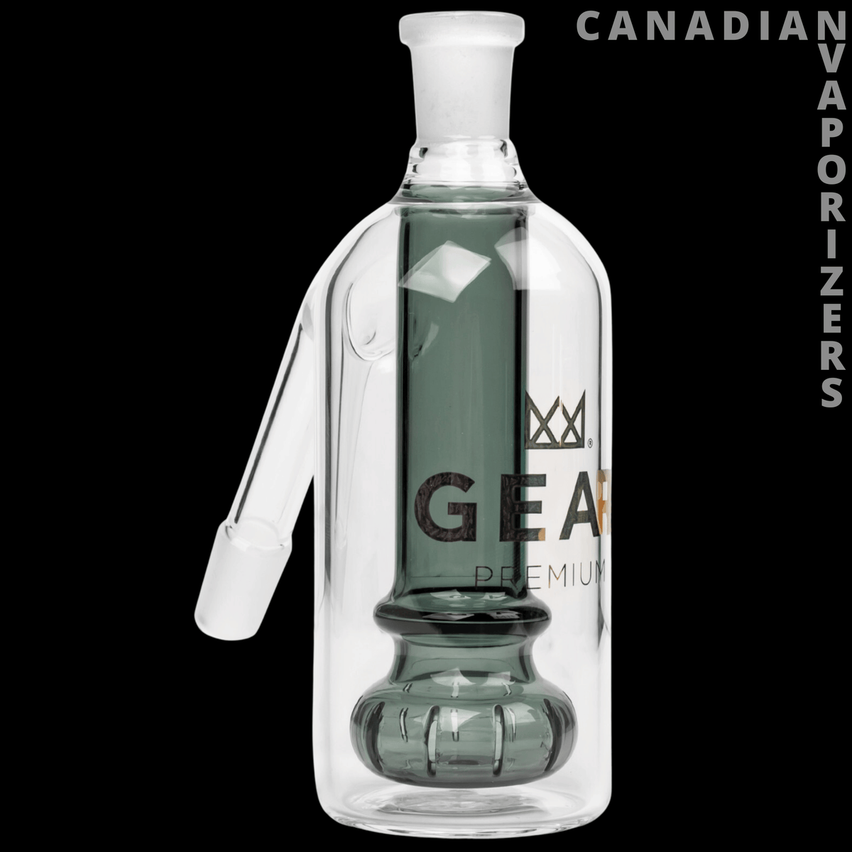 Gear Premium 14mm Ash Catcher - Clear glass 14mm ash catcher with angled joint, internal percolator, and Gear Premium logo.