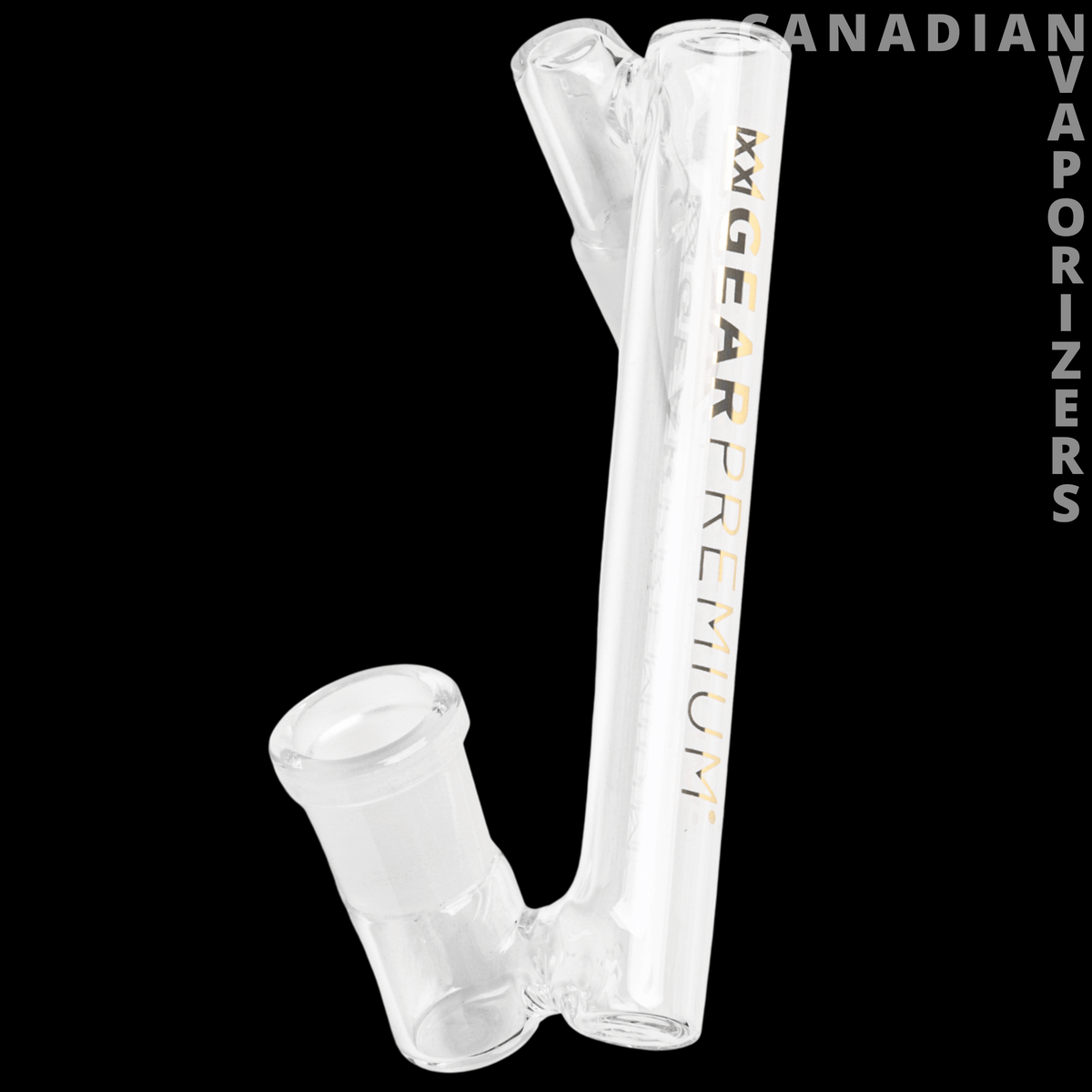 Gear Premium 14mm Drop Down - Clear glass 14 mm drop-down adapter with angled joint and black Gear Premium lettering.