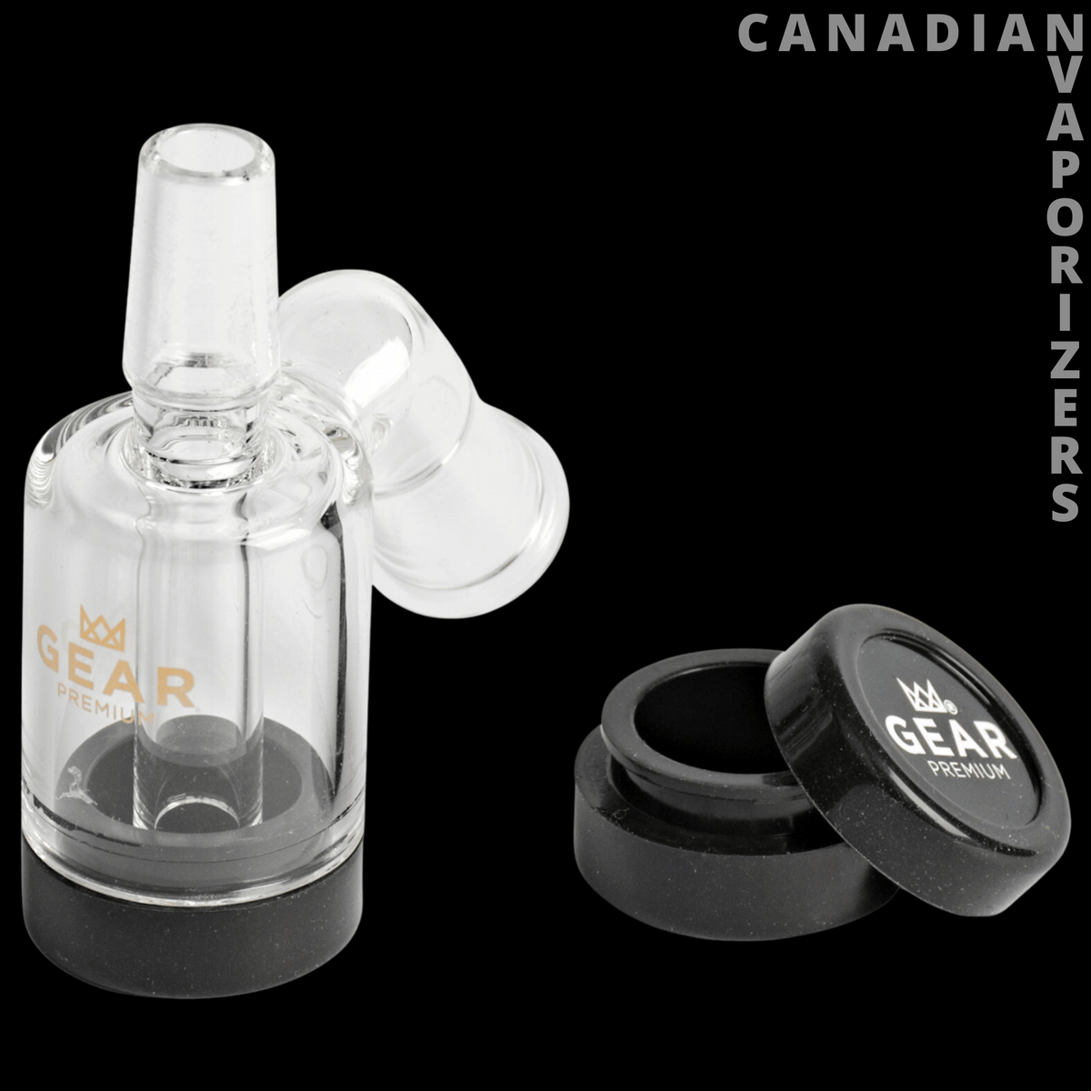 Gear Premium 14mm Male Concentrate Reclaimer (45 Degree Female Joint) - Clear glass Gear concentrate reclaimer with 45-degree joint, black base, and matching branded cap.