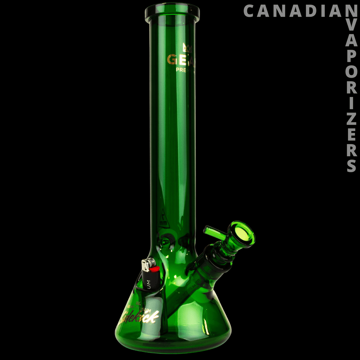 Gear Premium 15" 7mm Thick Sidekick Beaker Tube - Green glass beaker tube with a flared base, angled sidekick mouthpiece, and 7mm-thick walls.