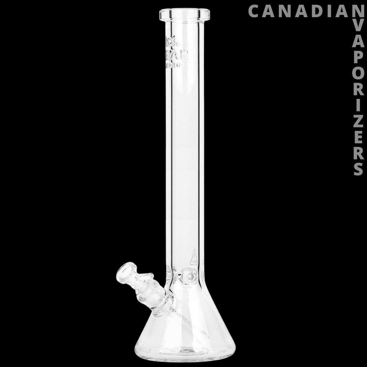 Gear Premium | 18" 9mm Thick Beaker Tube - Clear glass beaker tube with a wide base, angled side joint, and thick straight neck.