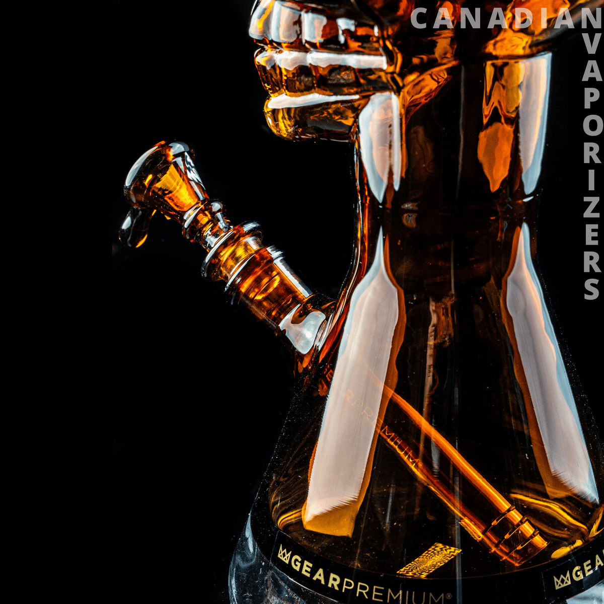 Gear Premium | 18" Tall Tuxedo Skull Beaker w/ Black Accents - Amber glass beaker bong with a skull-shaped top, angled side mouthpiece, and black accents.