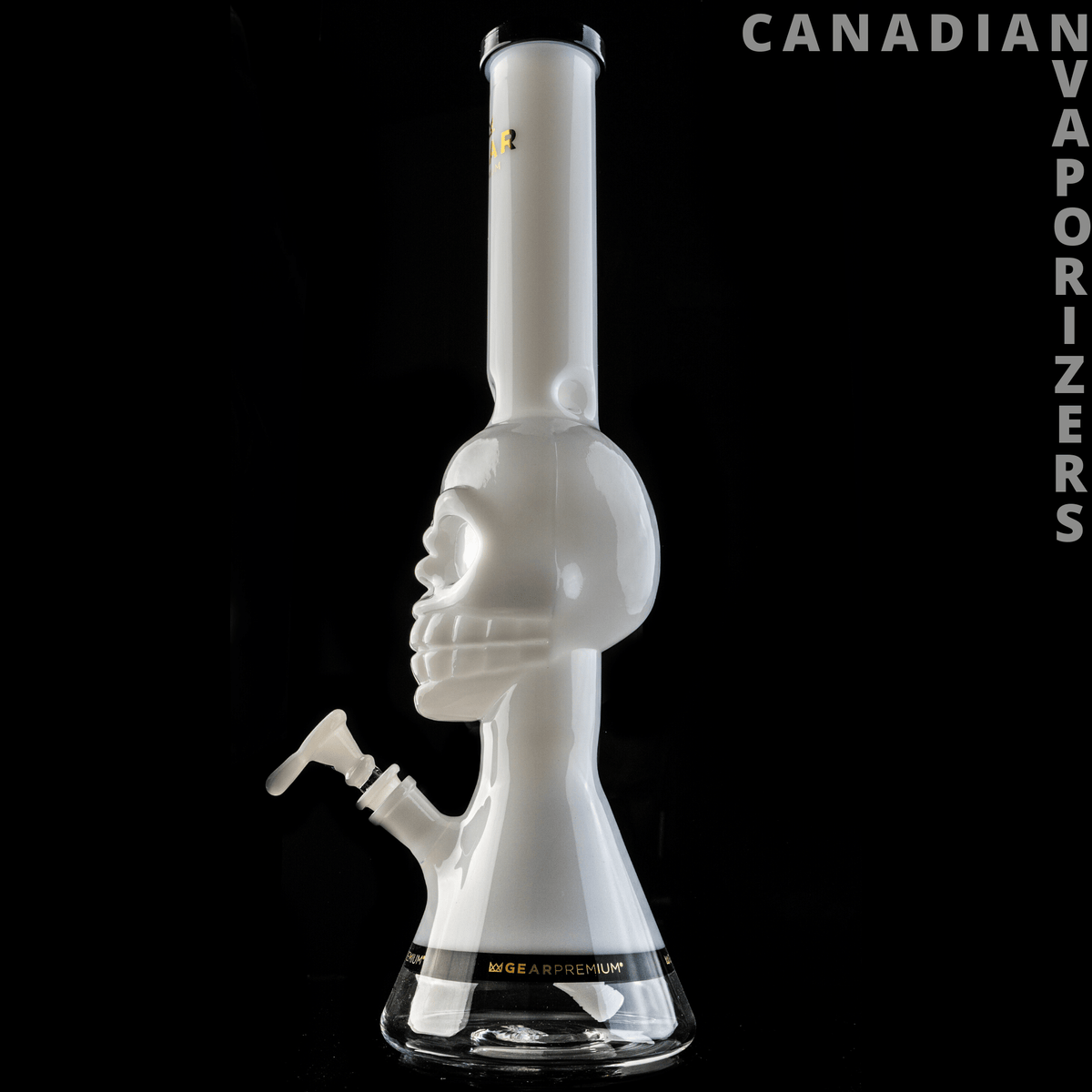 Gear Premium | 18" Tall Tuxedo Skull Beaker w/ Black Accents - White glass beaker with a sculpted skull chamber, black accents, and a wide flared base.