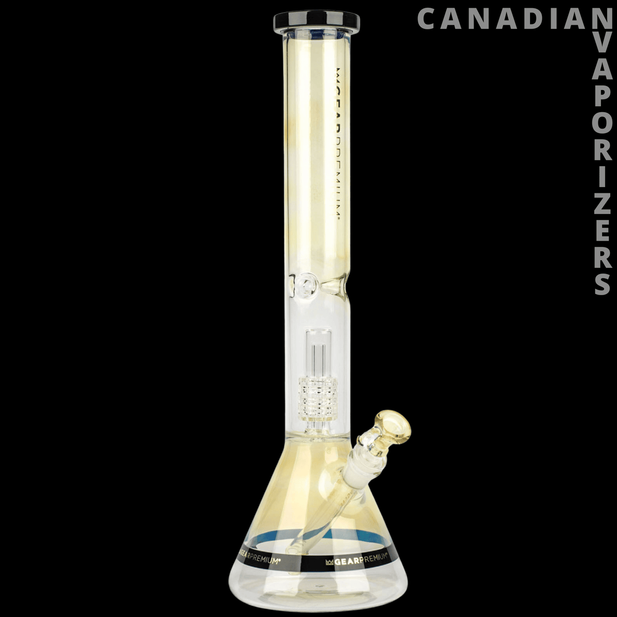 Gear Premium 18" Tuxedo Plush Beaker Tube - Clear glass beaker tube with a tall neck, flared base, and angled side mouthpiece on black background.