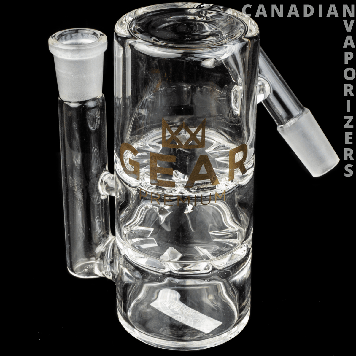 GEAR Premium 45° Double Turbine Perc Ash Catcher - Clear glass 45-degree double turbine ash catcher with black accents and gold GEAR logo.