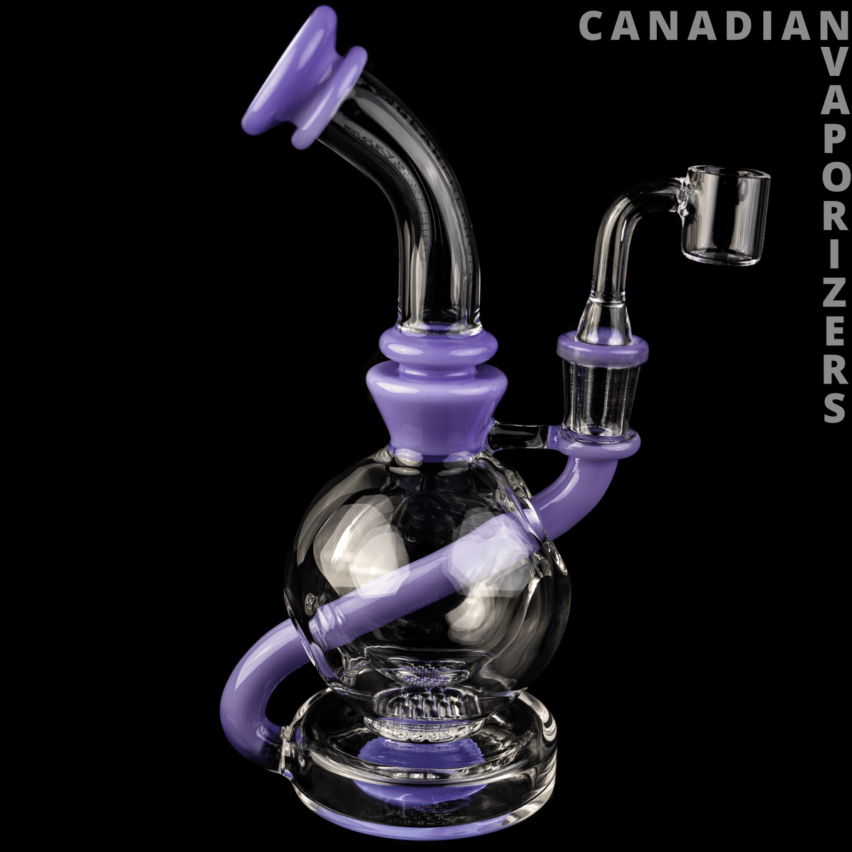 Gear Premium | 8" Nucleus Concentrate Bubbler - Clear glass 8-inch concentrate bubbler with purple accents, curved mouthpiece, and side-mounted glass cup.