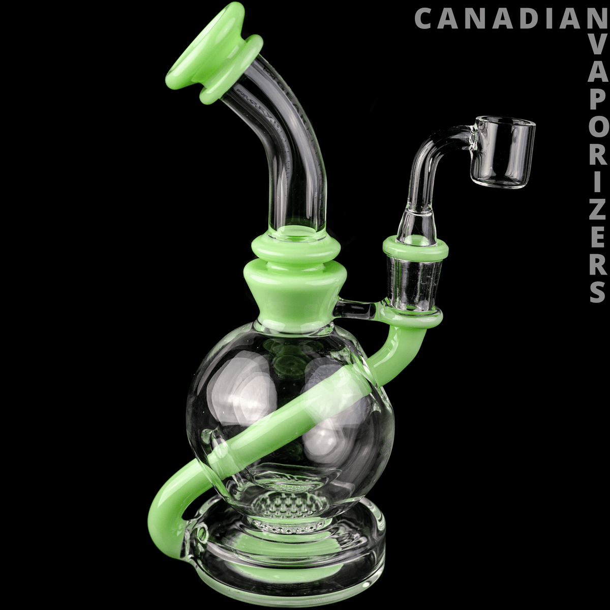 Gear Premium | 8" Nucleus Concentrate Bubbler - Clear glass concentrate bubbler with bright green accents, angled mouthpiece, and quartz banger.
