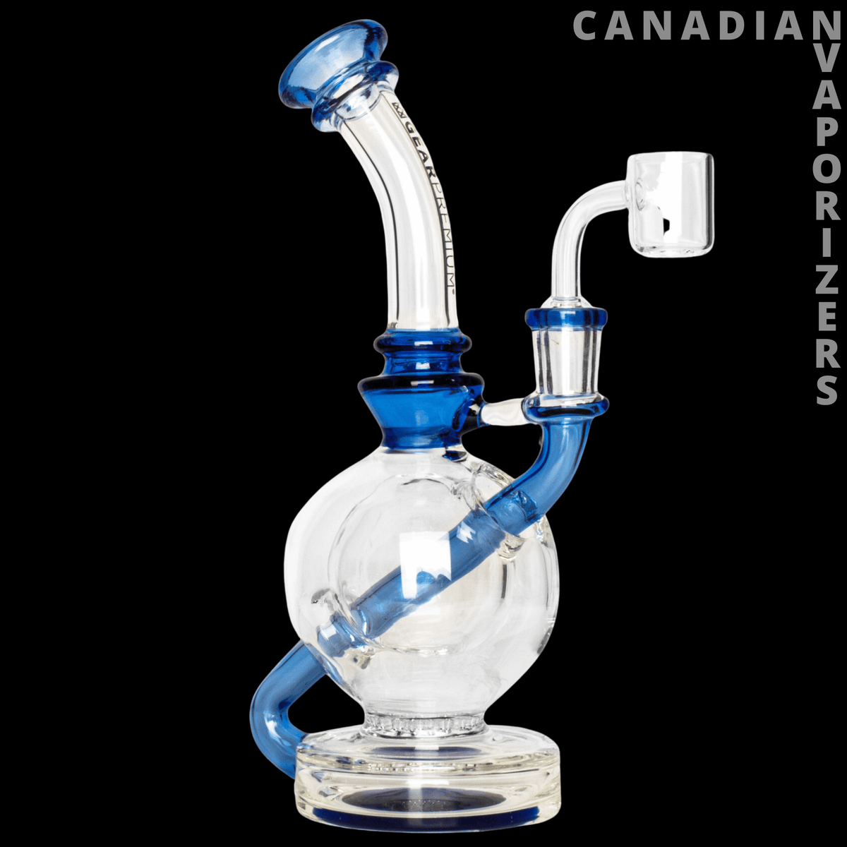 Gear Premium | 8" Nucleus Concentrate Bubbler - Clear glass concentrate bubbler with blue accents, curved neck, round chamber, and quartz banger.