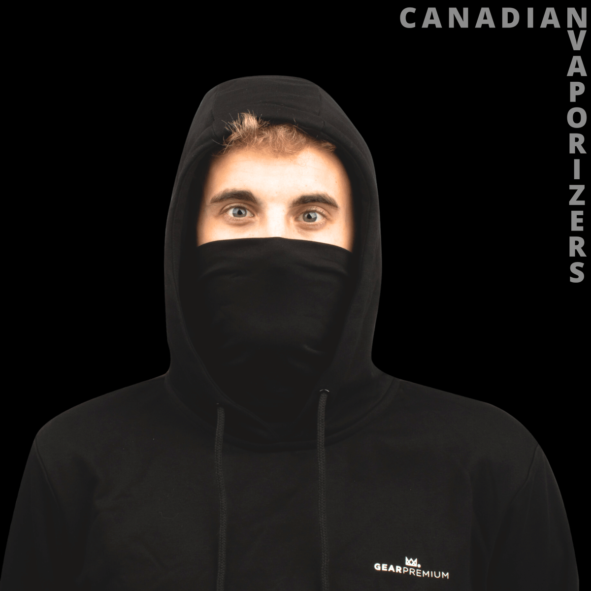 Gear Premium High Neck Hoodie - Black high-neck hoodie with a raised hood and face-covering collar, showing only the eyes.