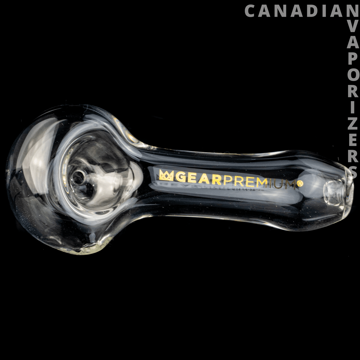 Gear Premium Pipe - Clear glass pipe with a rounded bowl and “Gear Premium” branding on the stem.