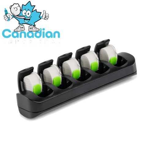 Ghost MV1 Crucible Dispenser - Black Ghost MV1 crucible dispenser holding five gray chambers with bright green tabs.