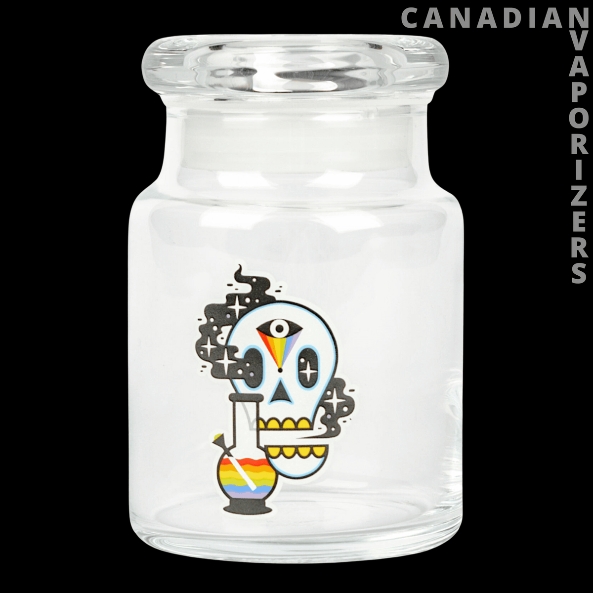 Glass Weed Storage Jars - Clear glass storage jar with a wide lid and colorful cosmic skull design on the front.