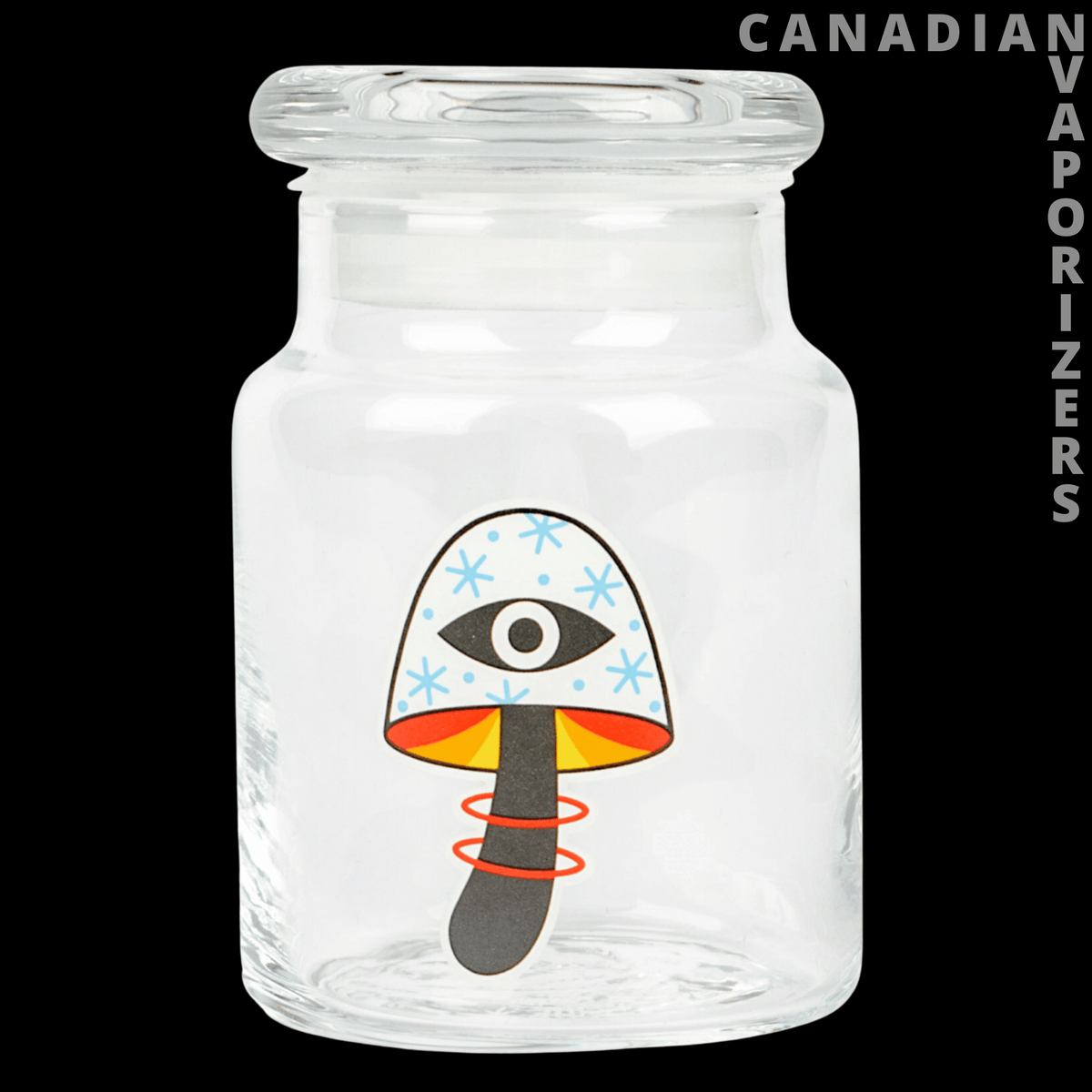 Glass Weed Storage Jars - Clear glass storage jar with a wide lid and colorful mushroom illustration on the front.