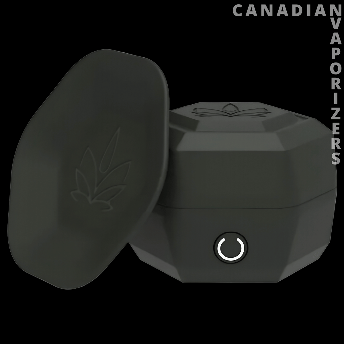Gramss Grinder & Scale All-In-One - Dark gray all-in-one grinder and scale with faceted body, illuminated power button, and cannabis leaf lid.
