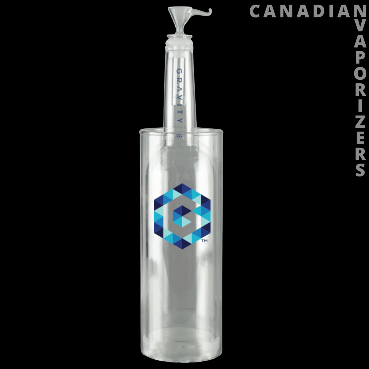 Gravity B 12" Cosmo Gravity Water Pipe - Clear glass gravity water pipe with a blue geometric logo and tall neck, shown against black.