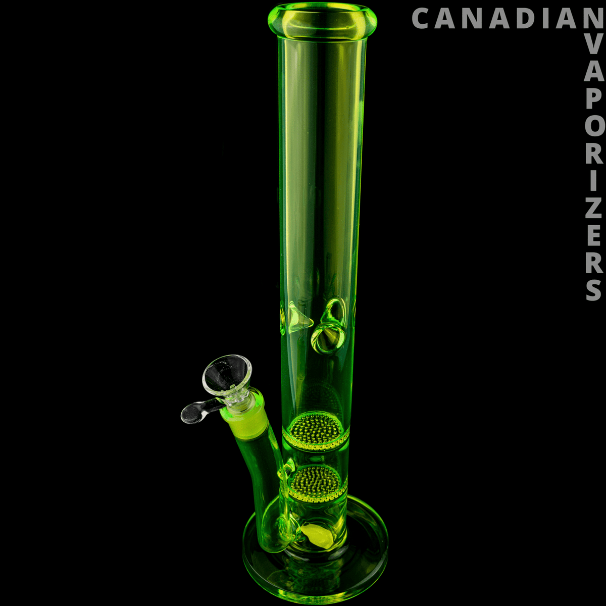 Green 17" Day Glow Stemless Tube With Dual Honeycomb Percs - Neon green 17-inch glass tube with a flared mouthpiece, side joint, and dual honeycomb percolators.