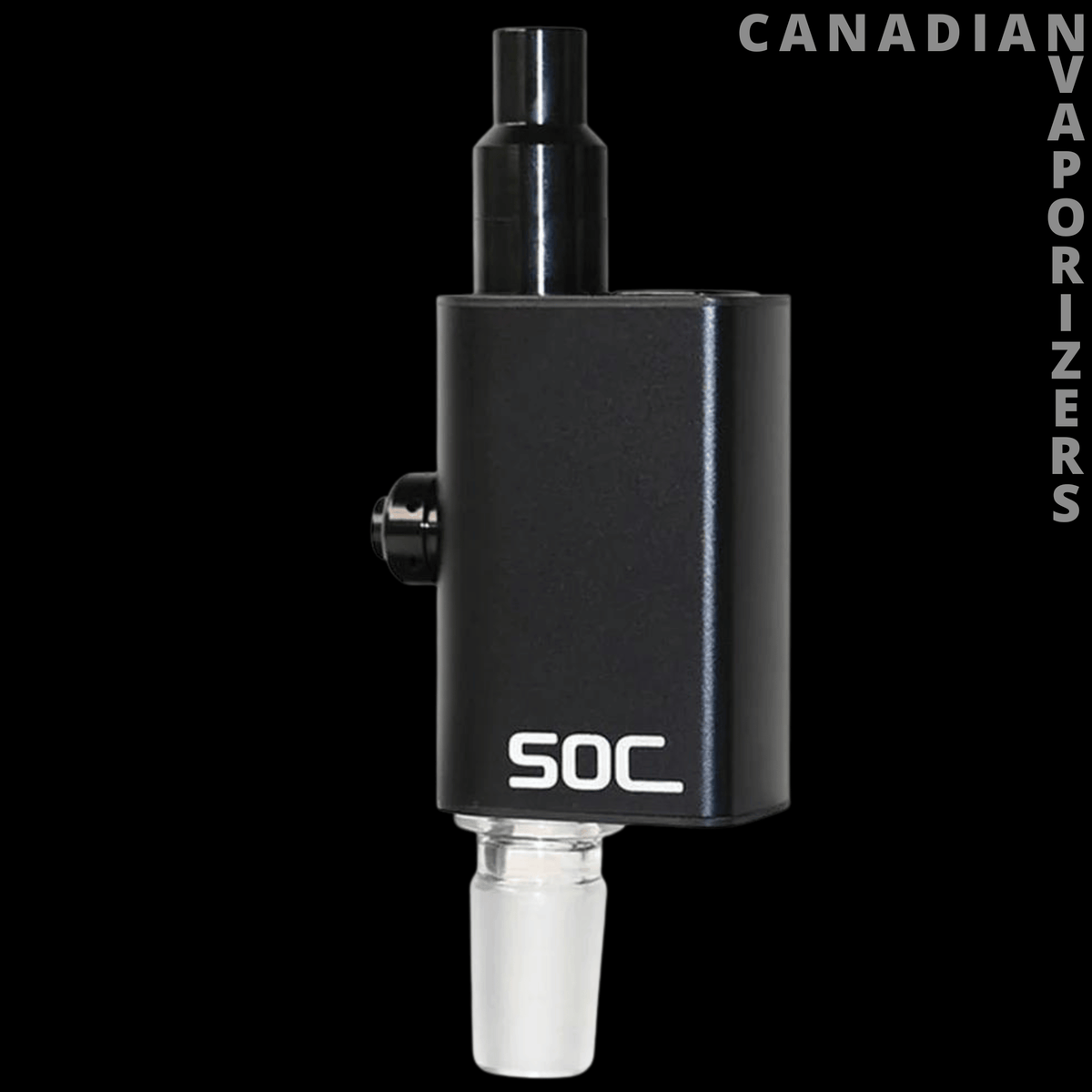 Green Light Vapes SOC Tokes Dual-Use Vaporizer W/14mm Male Adapter - Black SOC dual-use vaporizer with a compact rectangular body, top mouthpiece, side button, and white 14mm adapter.