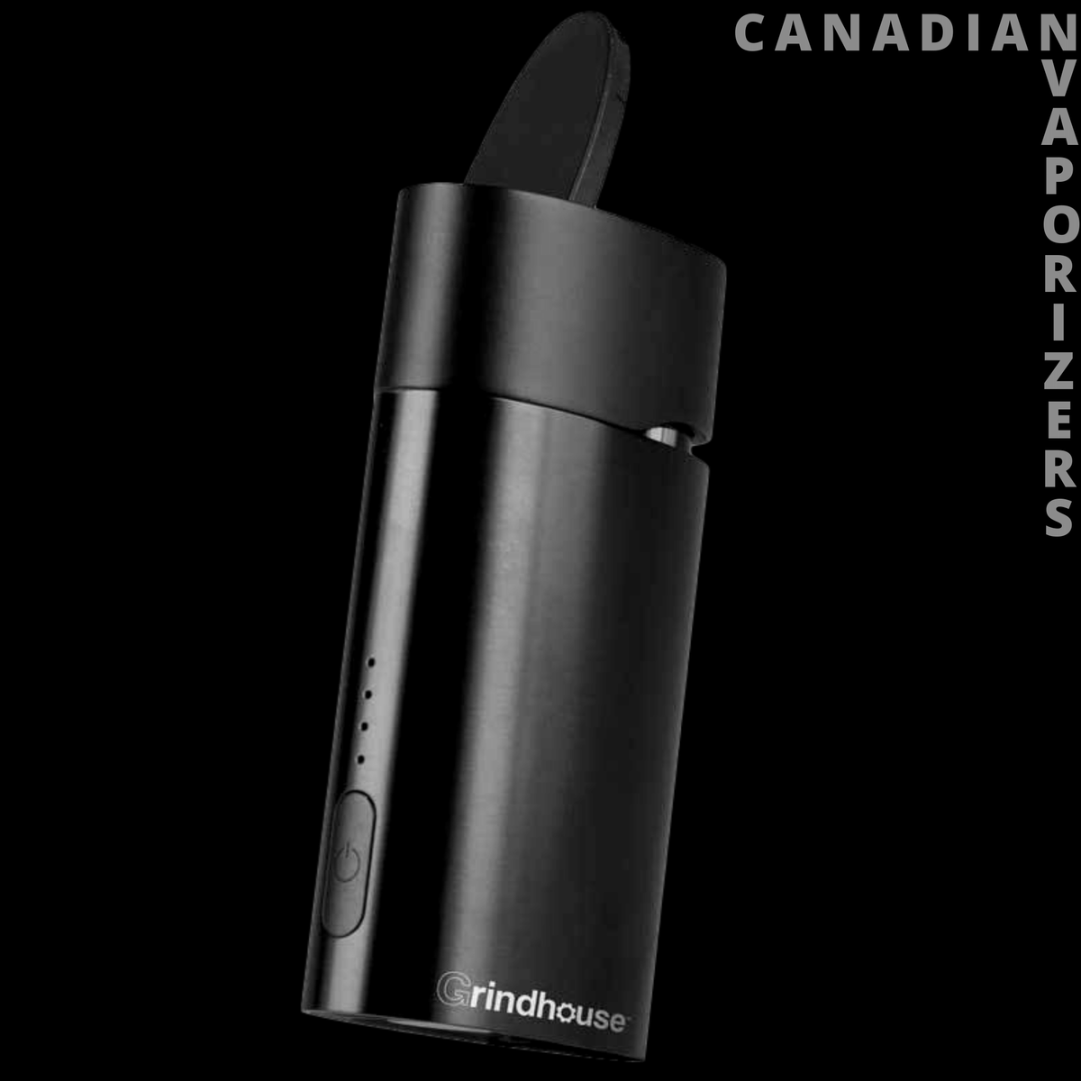 Grindhouse Vault - Black cylindrical Grindhouse Vault vaporizer with a curved mouthpiece and side control button.