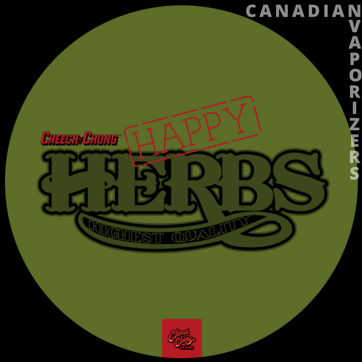 Happy Herbs Dab Mat - Olive green round Happy Herbs dab mat with black lettering, red stamp graphic, and cannabis quality seal.
