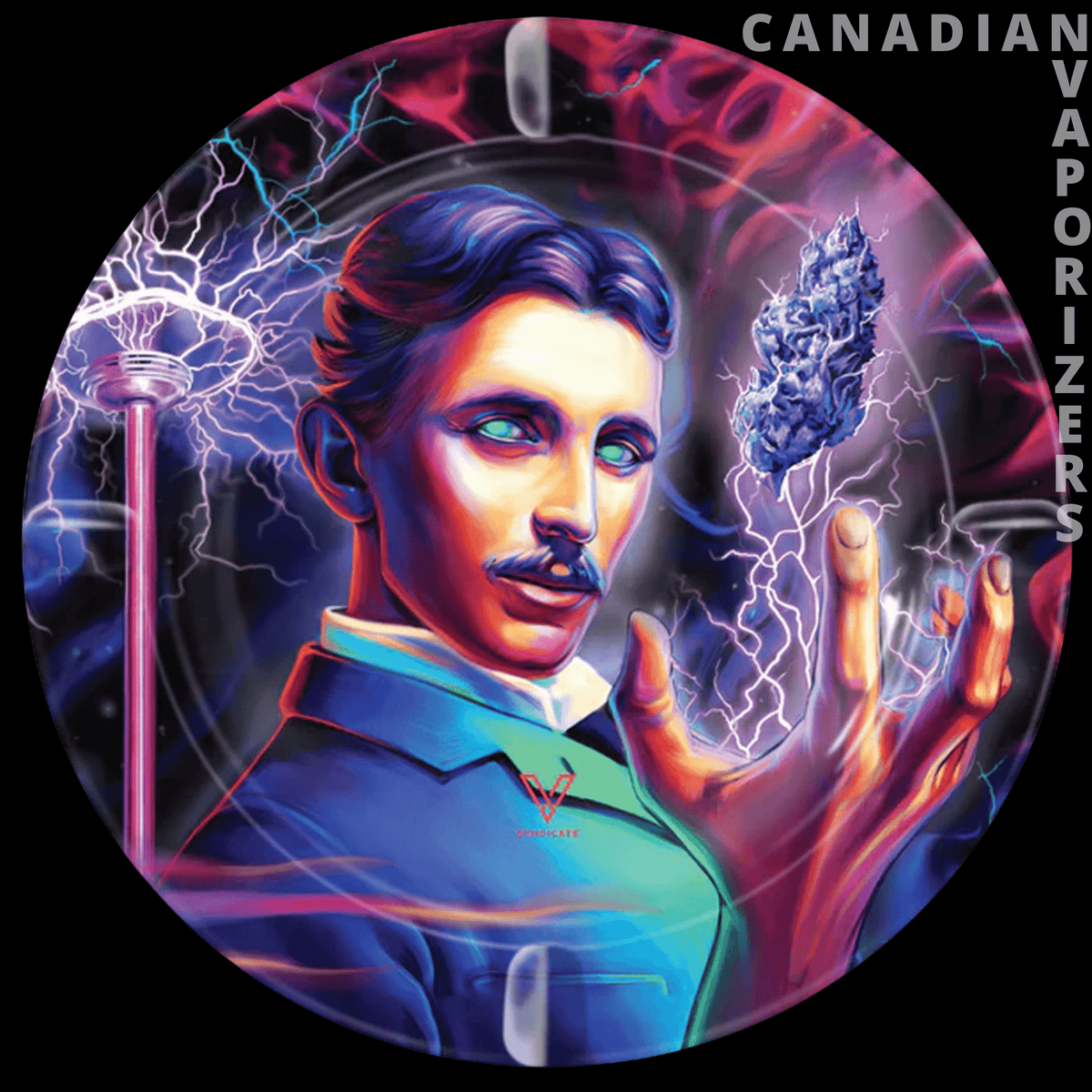 High Voltage Metal Ashtray - Round metal ashtray featuring a colorful Nikola Tesla portrait with electric lightning effects.