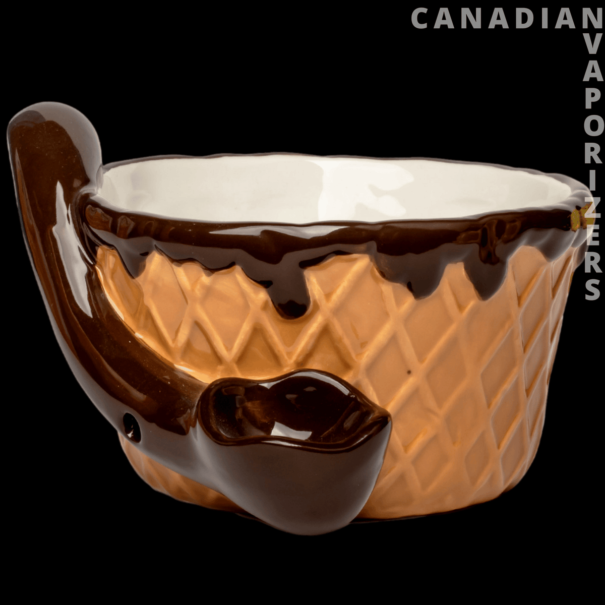 Ice Cream Ceramic Bowl Pipe - Brown ceramic ice cream cone bowl pipe with a waffle-textured body, dripping chocolate rim, and molded chocolate scoop.