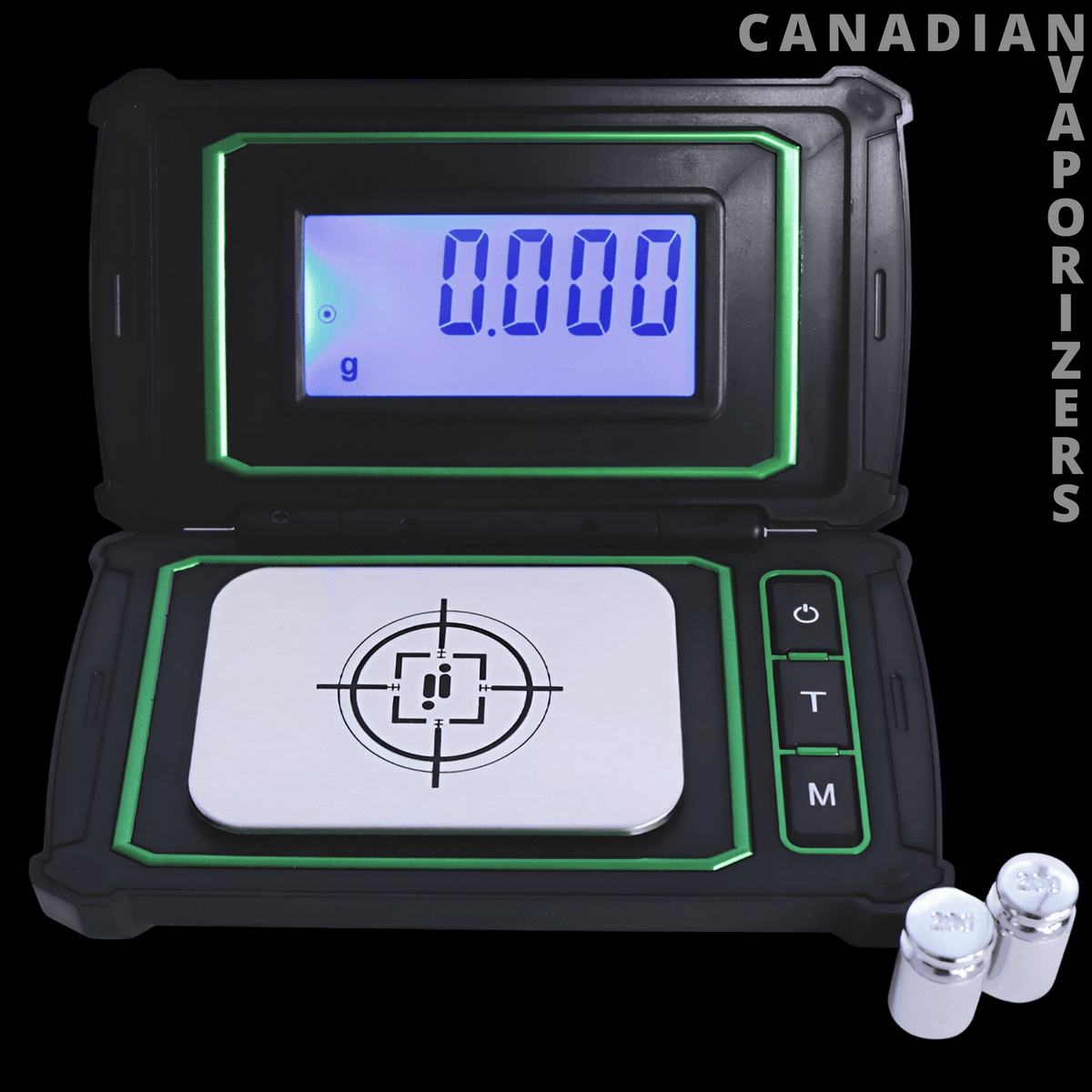 Infyniti Scales Prism 50G X 0.001G W/ Calibration Weights - Black digital precision scale with green trim, illuminated 0.000 display, target-pattern weighing platform, and calibration.