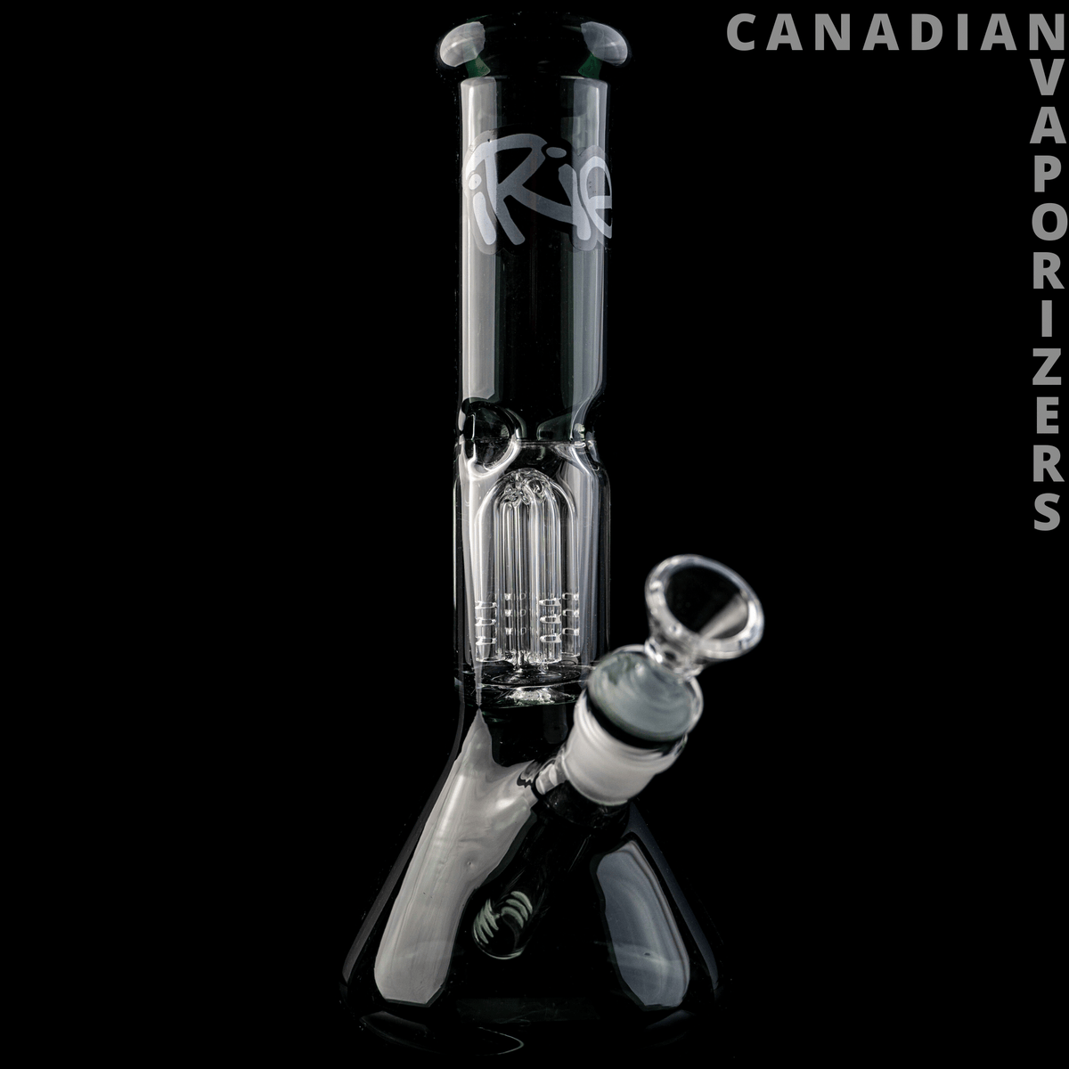 iRie - Black glass iRie water pipe with a clear percolator chamber and angled mouthpiece.