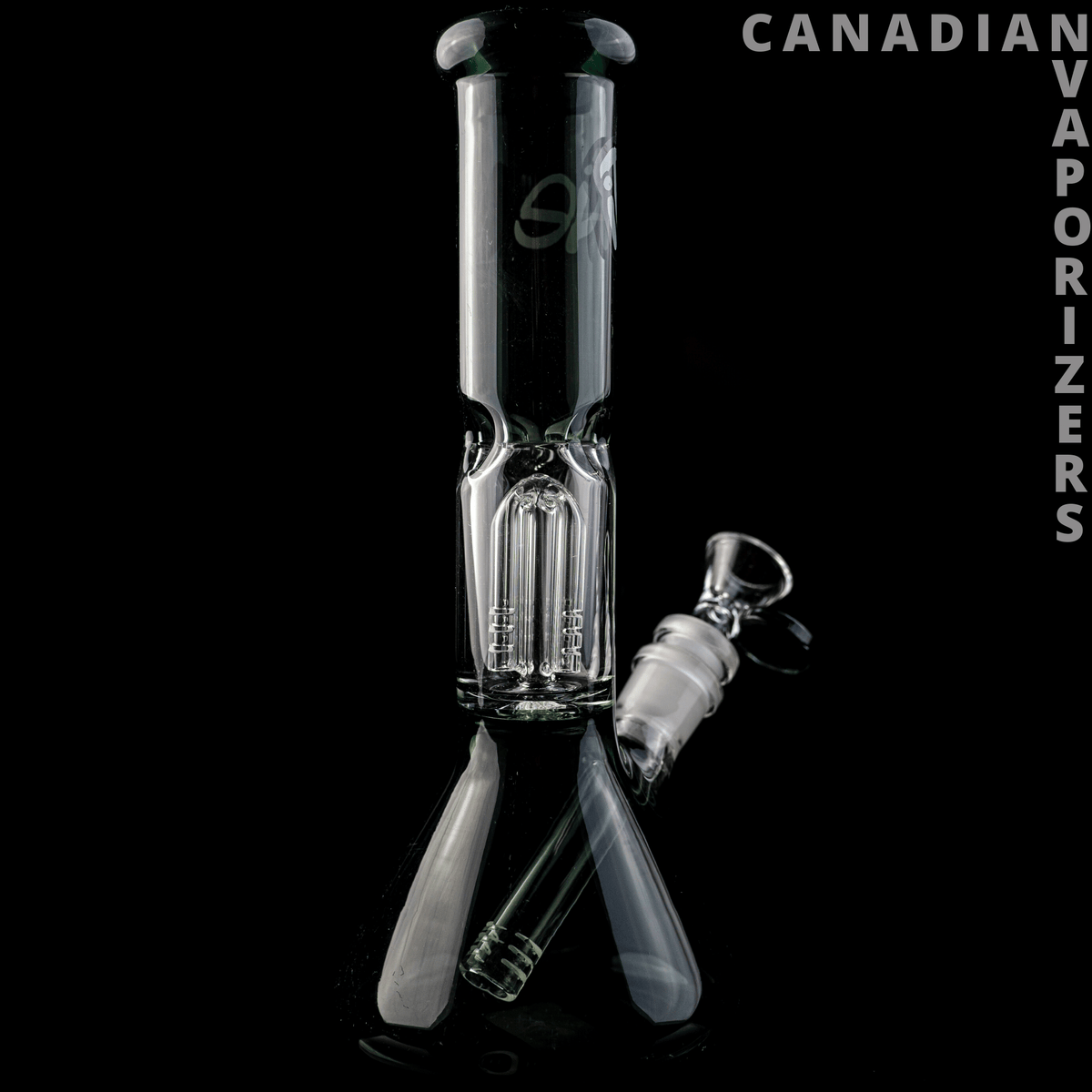 iRie - Black glass vaporizer with clear chamber and angled mouthpiece, displayed on a dark background.