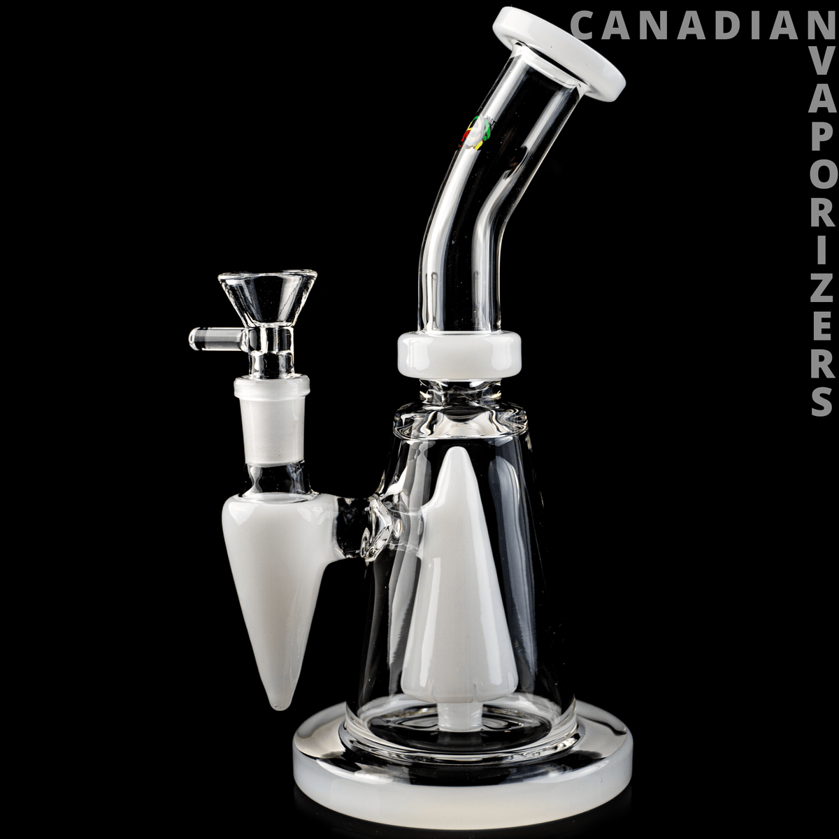 iRie | White - Clear glass water pipe with white conical chambers, angled mouthpiece, and bowl attachment.