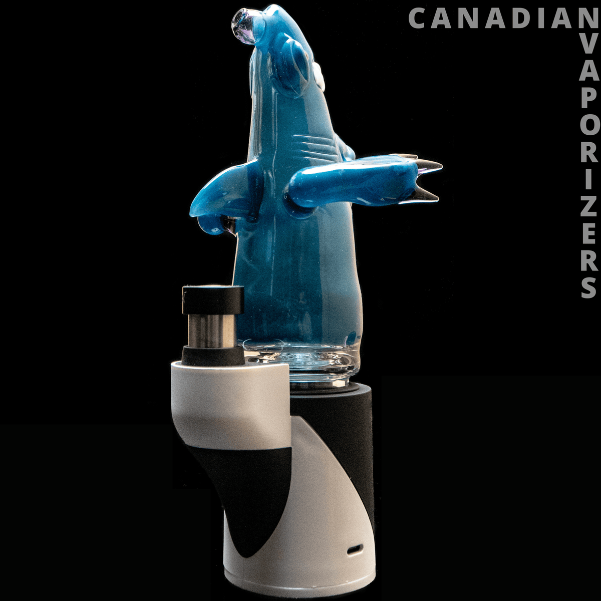 Kahuna Glass Scalien Carta Top - Blue glass Scalien Carta top with a sculpted creature shape, mounted on a white-and-black vaporizer base.