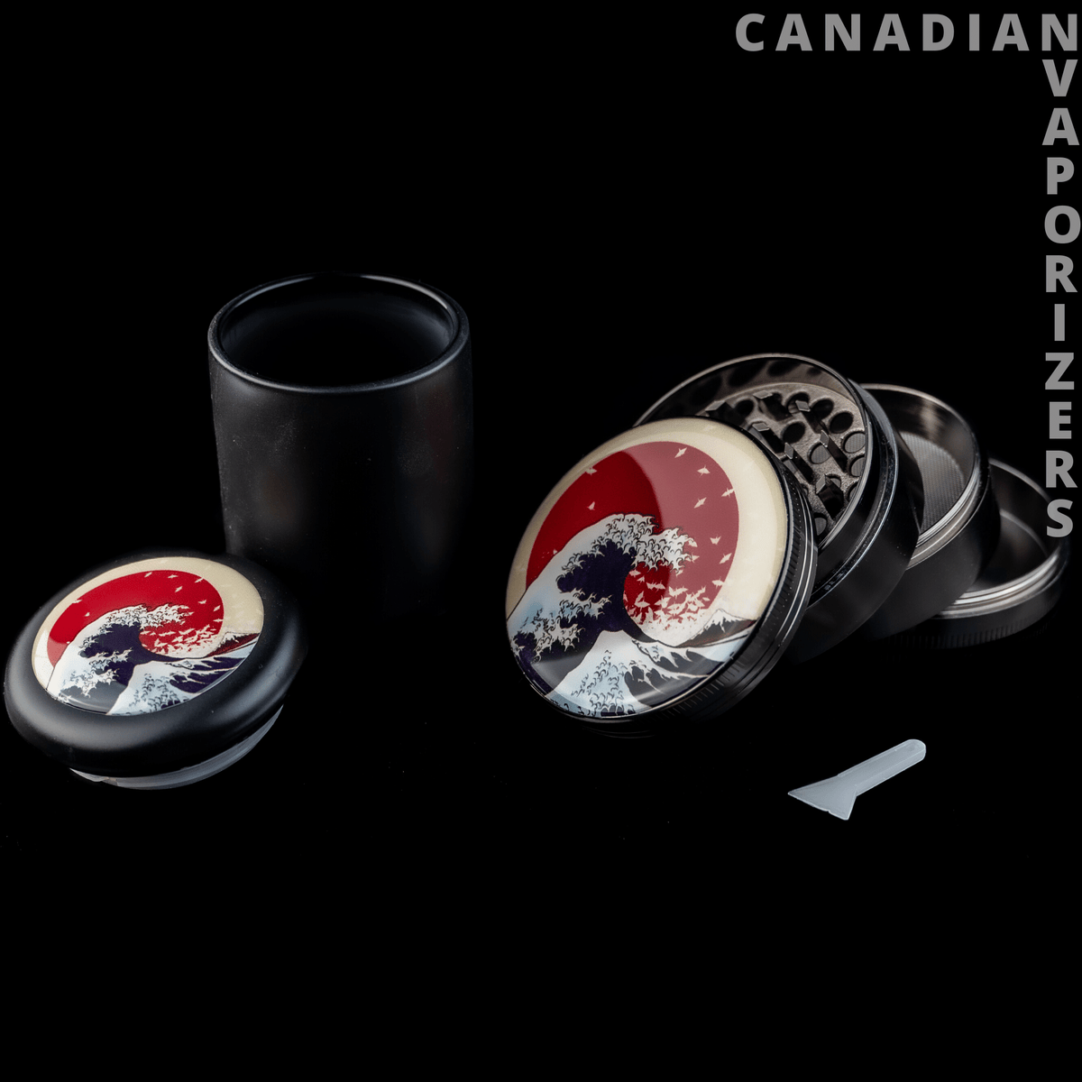 Large Wave Bamboo Box/Grinder/Jar - Black bamboo storage jar and grinder set with red, white, and blue wave artwork and a matching lid.
