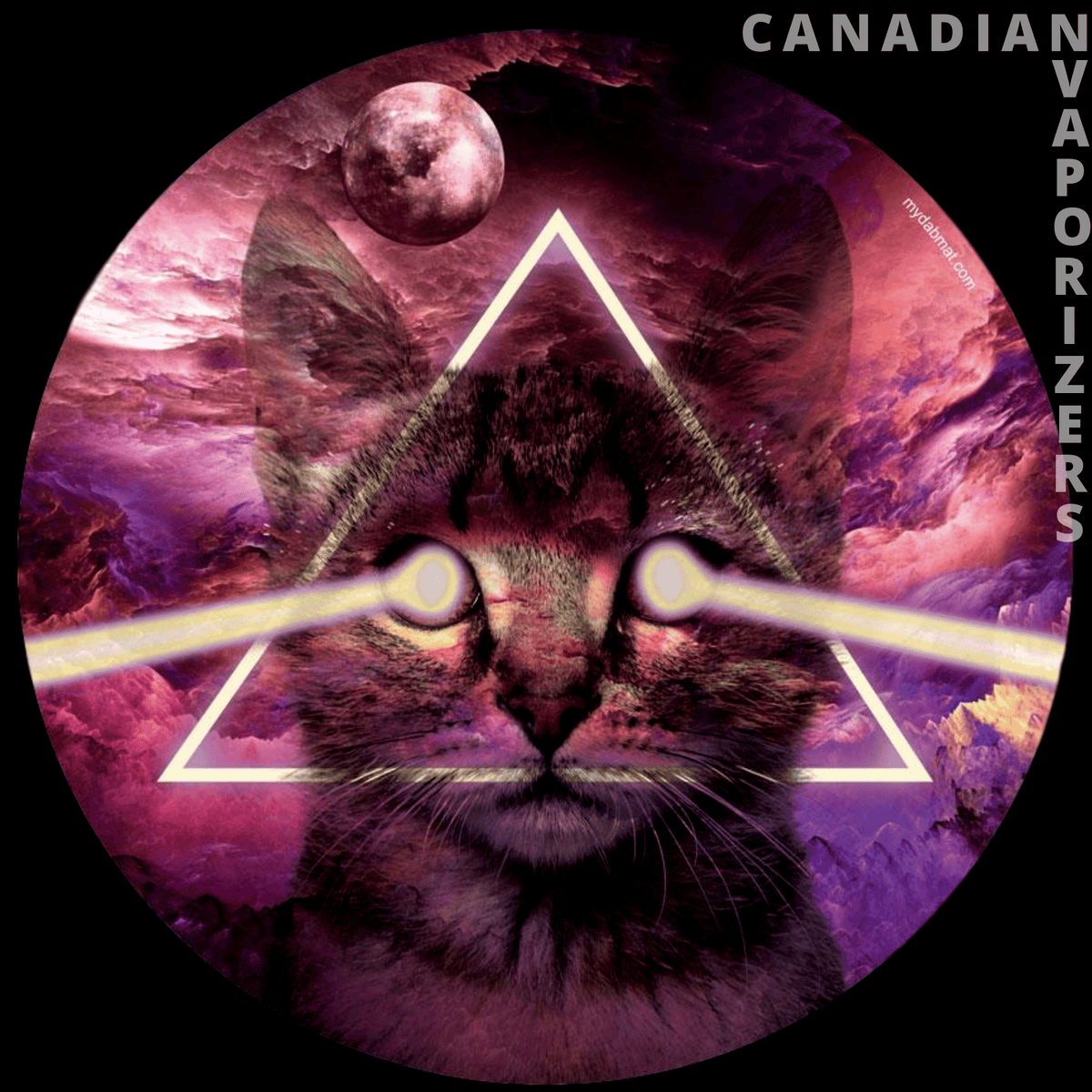 Lazer Eyes Space Kitty Dab Mat - Round dab mat featuring a cosmic cat with glowing laser eyes, pink-purple nebulae, and a glowing triangle.