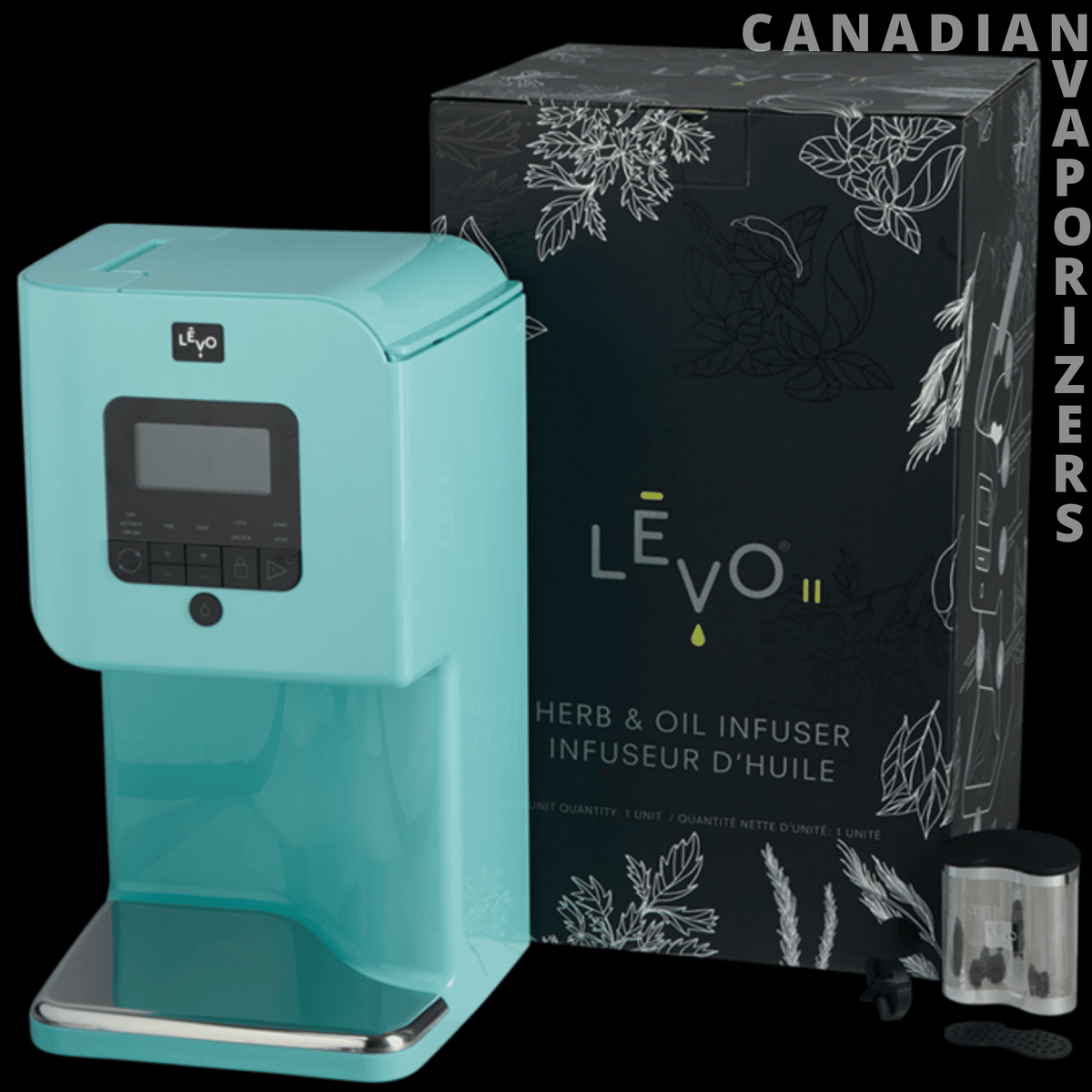 Levo 2 Oil Infuser - Robin blue LEVO II oil infuser with digital controls, drip tray, and black botanical-patterned box.