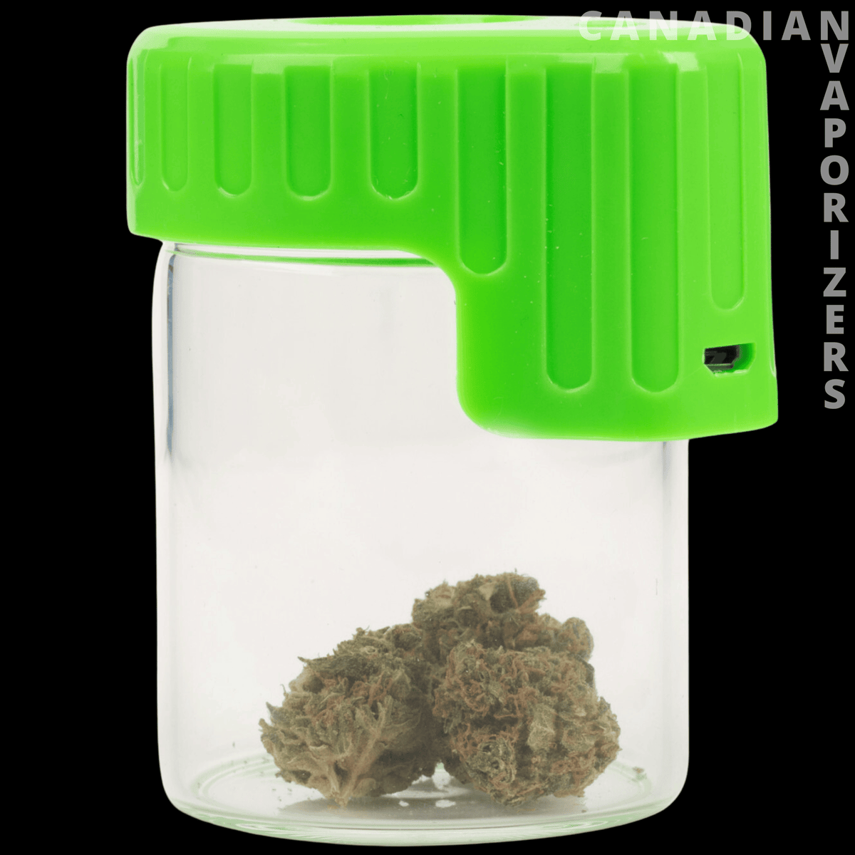 Light-Up Glass Seal Storage Jar - Clear glass storage jar with a bright green ridged lid and visible herb inside.