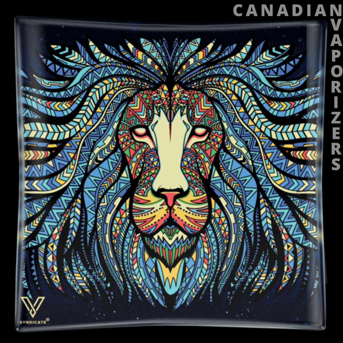 Lion Glass Ashtray - Square glass ashtray with a vivid multicolored lion face and flowing blue, gold, and black mane.