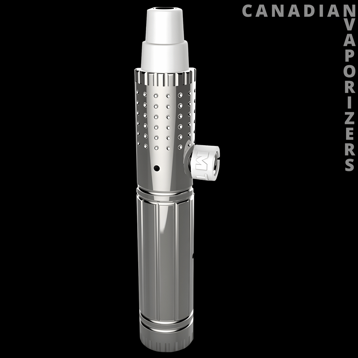 Megatoke XL - Silver Megatoke XL vaporizer with perforated metal chamber, ridged rings, and side control knob.