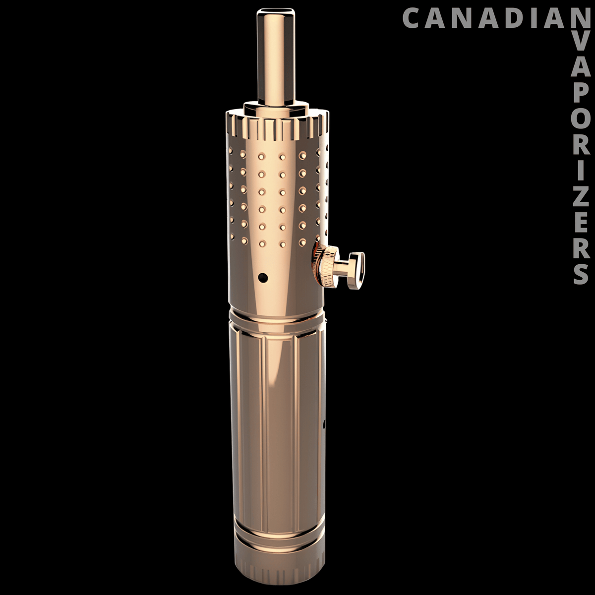 Megatoke XL - Gold Megatoke XL vaporizer with a perforated metal chamber, side control knob, and polished cylindrical base.