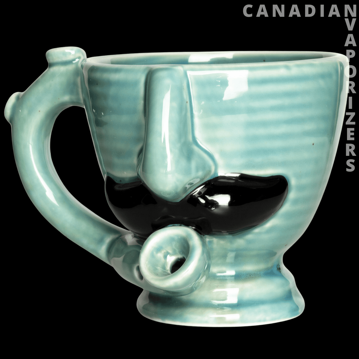 Moustache Guy Mug Pipe - Glossy turquoise ceramic mug with a molded nose, black moustache, and curled handle resembling a pipe.