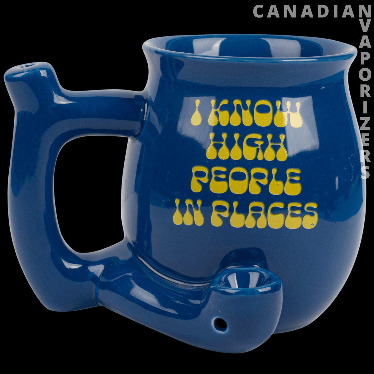 Mug Pipe - Glossy cobalt blue ceramic mug pipe with a large handle and yellow “I Know High People in Places” lettering.