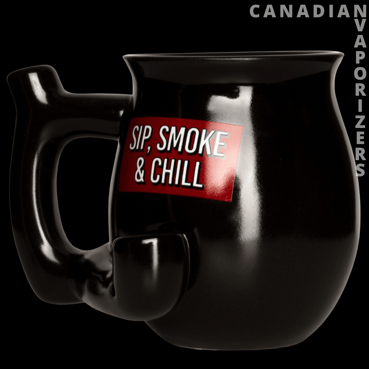 Mug Pipe - Glossy black ceramic mug pipe with a large handle, curved smoking bowl, and red “Sip, Smoke & Chill” label.