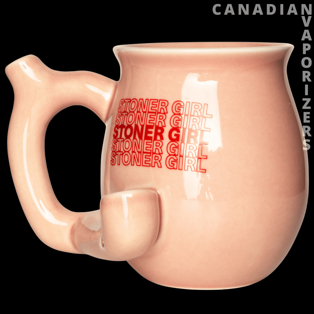 Mug Pipe - Blush pink ceramic mug pipe with a large handle and repeated red “Stoner Girl” lettering.