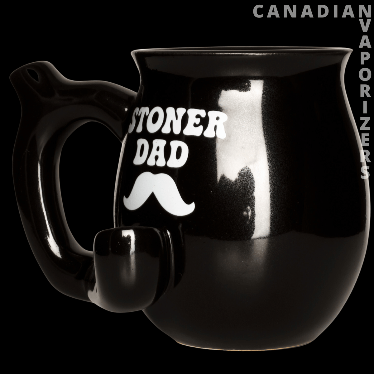 Mug Pipe - Glossy black mug pipe with a curved handle, built-in bowl, and white “Stoner Dad” text and mustache design.