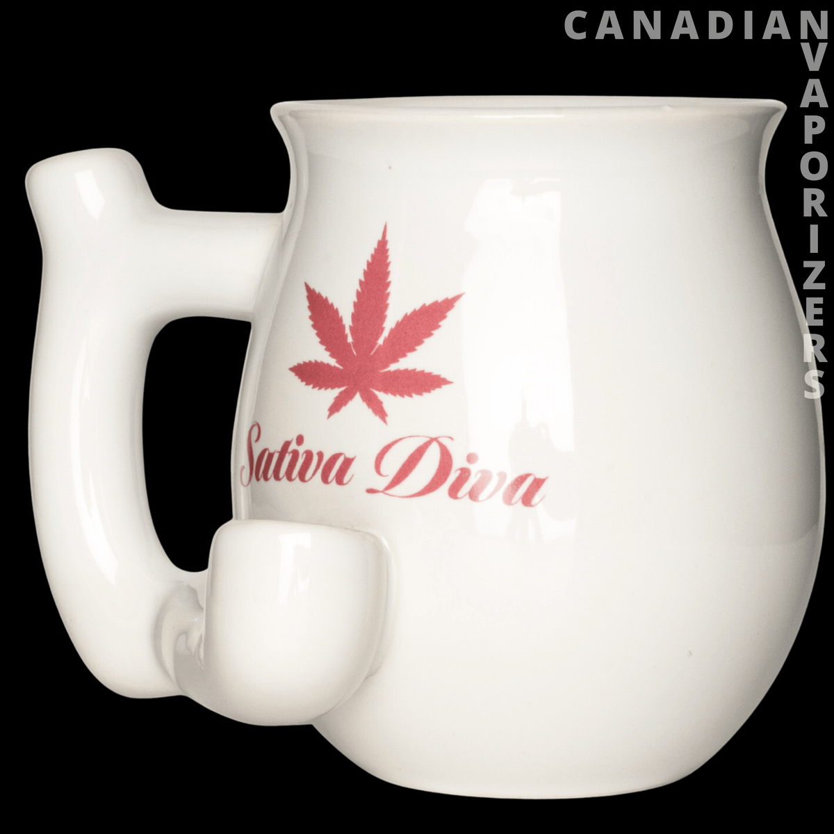 Mug Pipe - White ceramic mug pipe with a curved handle, red cannabis leaf, and “Sativa Diva” lettering.